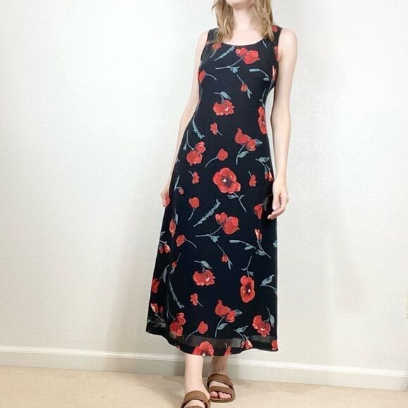 Vintage 90’s Donna Ricco Black & Red Floral Sleeveless Maxi Slip Dress - Picture 1 of 7